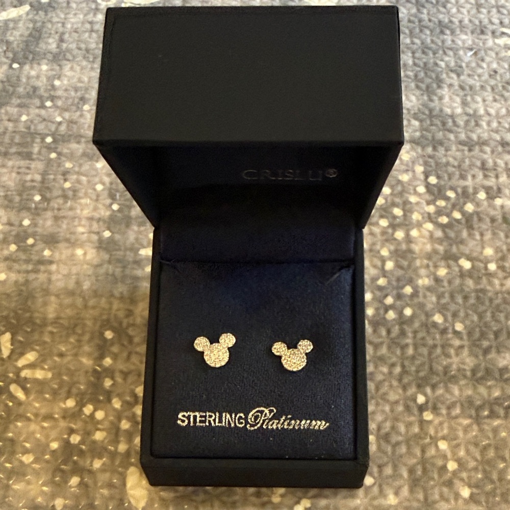 Crislu Platinum Mickey Mouse Icon Stud Earrings